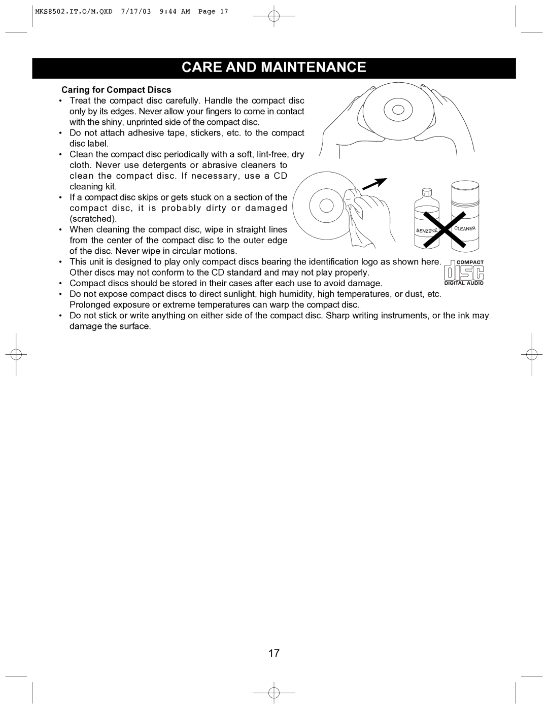 Memorex MKS8502 manual Care and Maintenance, Caring for Compact Discs 