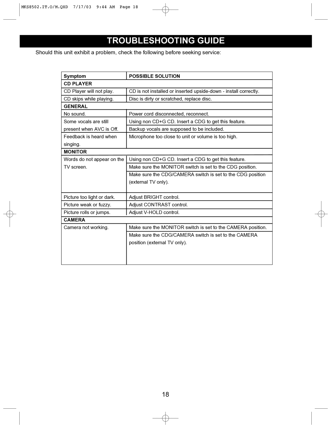 Memorex MKS8502 manual Troubleshooting Guide, CD Player 