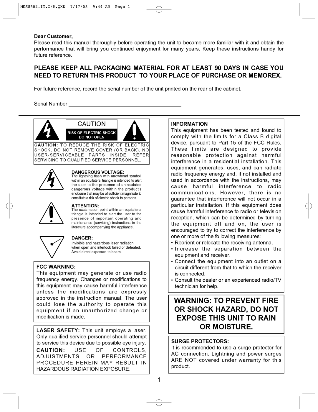 Memorex MKS8502 manual FCC Warning, Information, Surge Protectors 