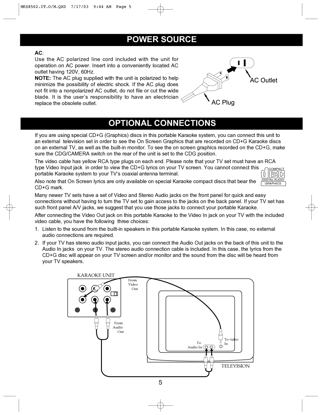 Memorex MKS8502 manual Power Source, Optional Connections 