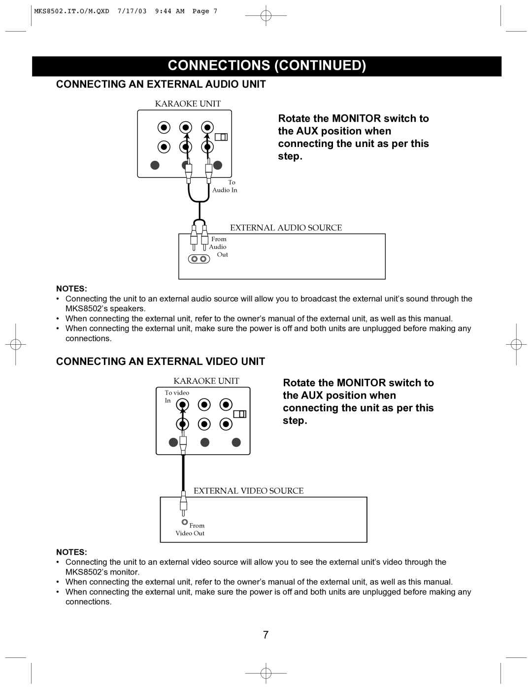 Memorex MKS8502 manual Connections, Connecting AN External Audio Unit, Connecting AN External Video Unit 