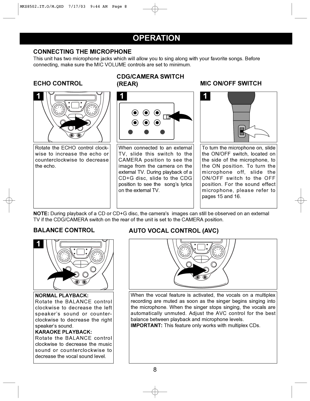 Memorex MKS8502 manual Operation, Connecting the Microphone, Echo Control CDG/CAMERA Switch Rear MIC ON/OFF Switch 