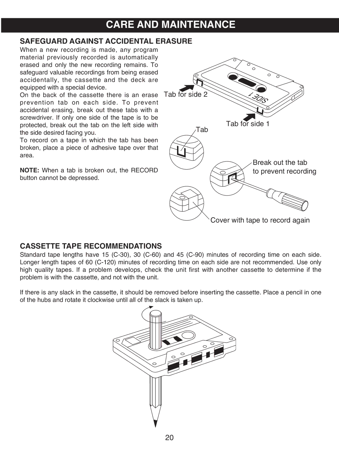 Memorex MKS8503 manual Care and Maintenance, Safeguard Against Accidental Erasure, Cassette Tape Recommendations 