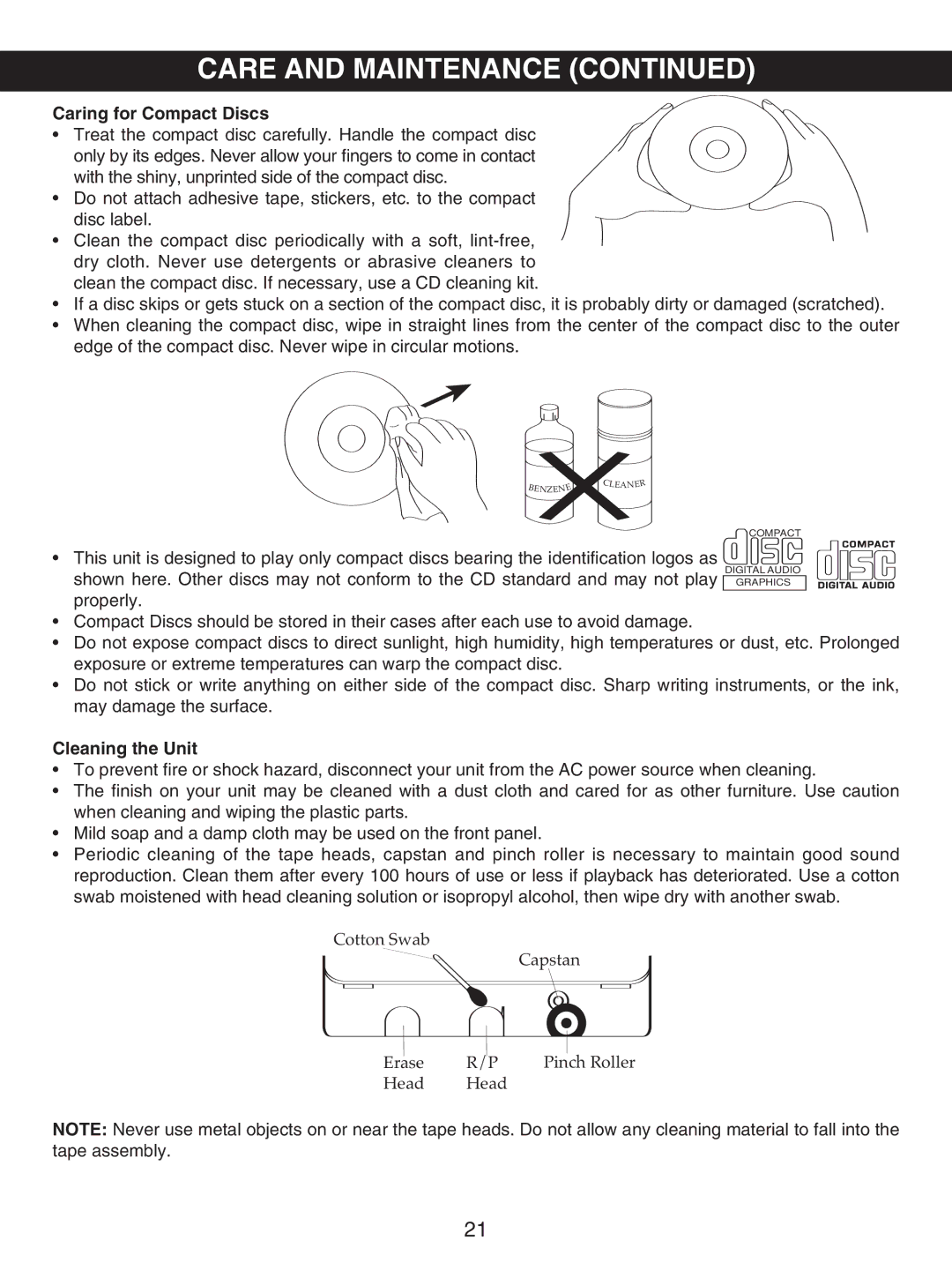 Memorex MKS8503 manual Caring for Compact Discs 