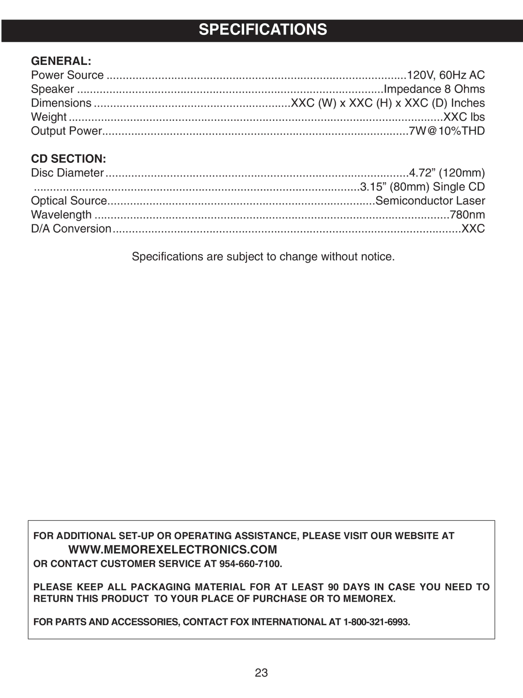 Memorex MKS8503 manual Specifications, General, CD Section 