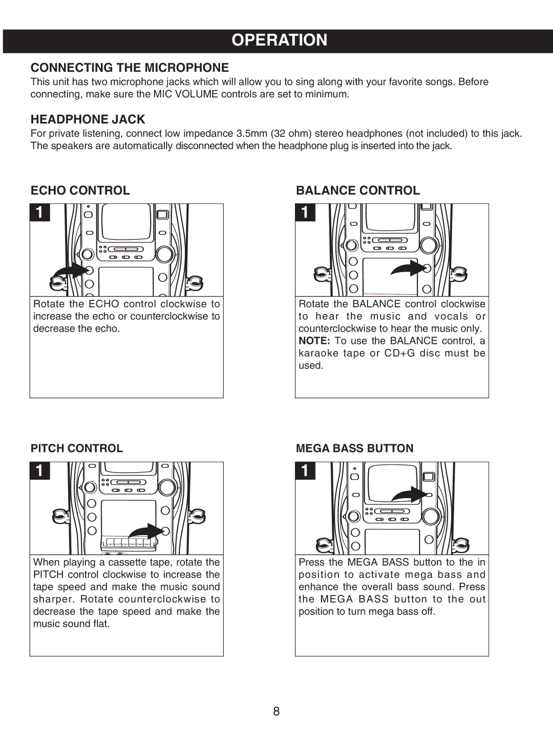 Memorex MKS8503 manual Operation, Connecting the Microphone, Headphone Jack, Echo Control, Balance Control 