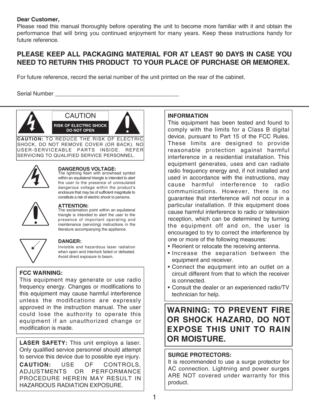 Memorex MKS8503 manual Fcc Warning, Information, Surge Protectors 