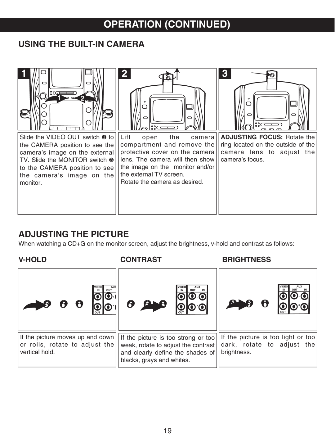 Memorex MKS8503 manual Using The Built-Incamera, Adjusting The Picture, V-Hold, Contrast, Brightness, Operation Continued 