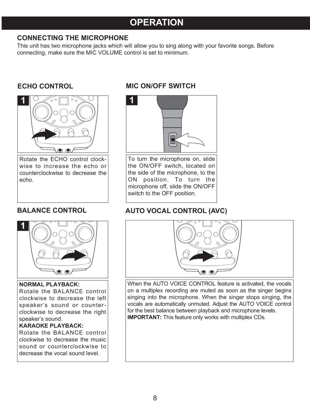 Memorex MKS8506 manual Connecting the Microphone, Echo Control MIC ON/OFF Switch, Balance Control, Auto Vocal Control AVC 