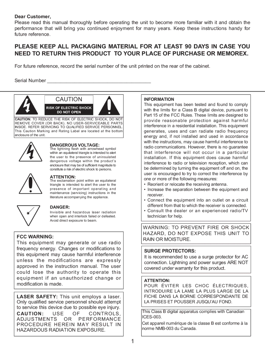 Memorex MKS8590 manual FCC Warning 