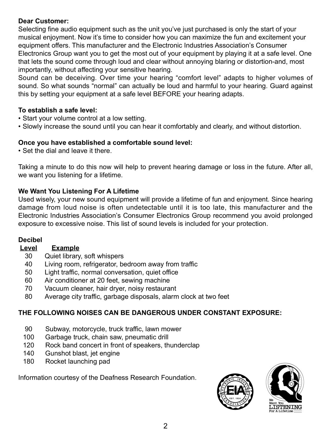 Memorex MKS8590 manual Dear Customer, Following Noises can be Dangerous Under Constant Exposure 