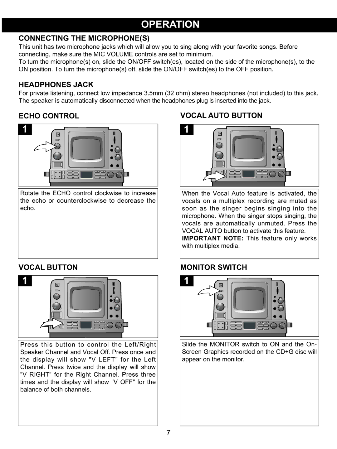 Memorex MKS8590 Connecting the Microphones, Headphones Jack, Echo Control Vocal Auto Button, Vocal Button Monitor Switch 