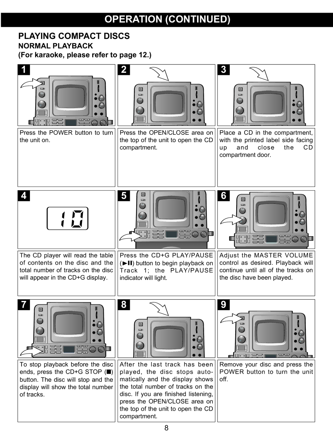 Memorex MKS8590 manual Playing Compact Discs Normal Playback, For karaoke, please refer to 