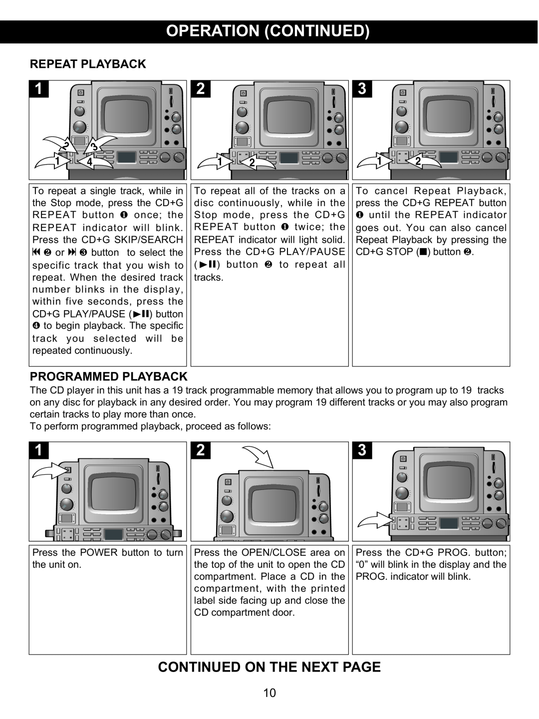 Memorex MKS8590 manual Continued On The Next Page, Repeat Playback, Programmed Playback 