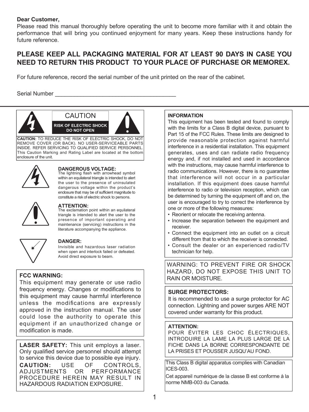Memorex MKS8590 manual Fcc Warning, Surge Protectors, Dangerous Voltage, Information 
