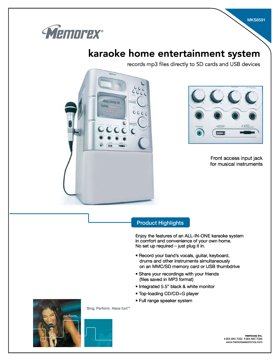 Memorex MKS8591 manual karaoke home entertainment system, Product Highlights Product Highlights 
