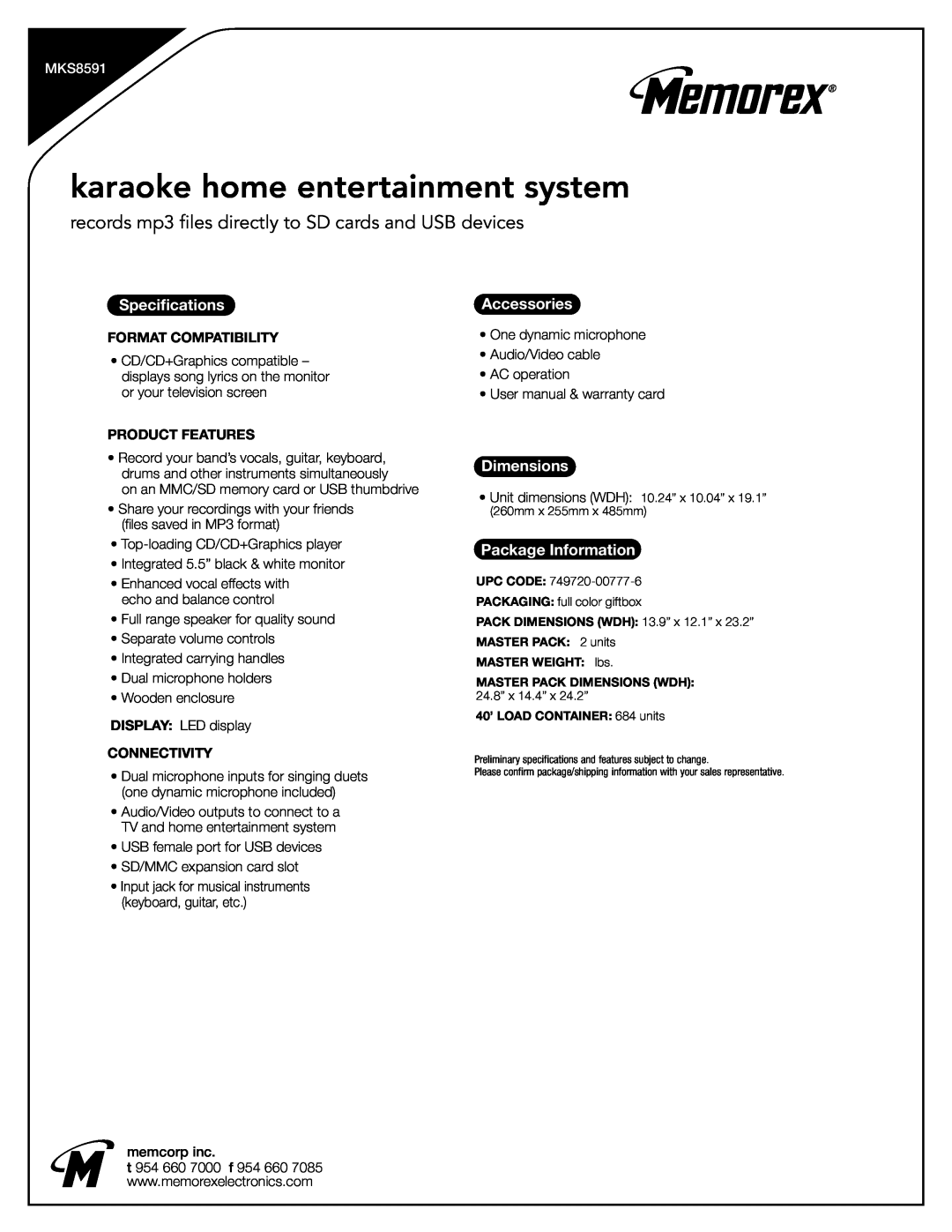 Memorex MKS8591 manual karaoke home entertainment system, Specifications, Accessories, Dimensions, Package Information 