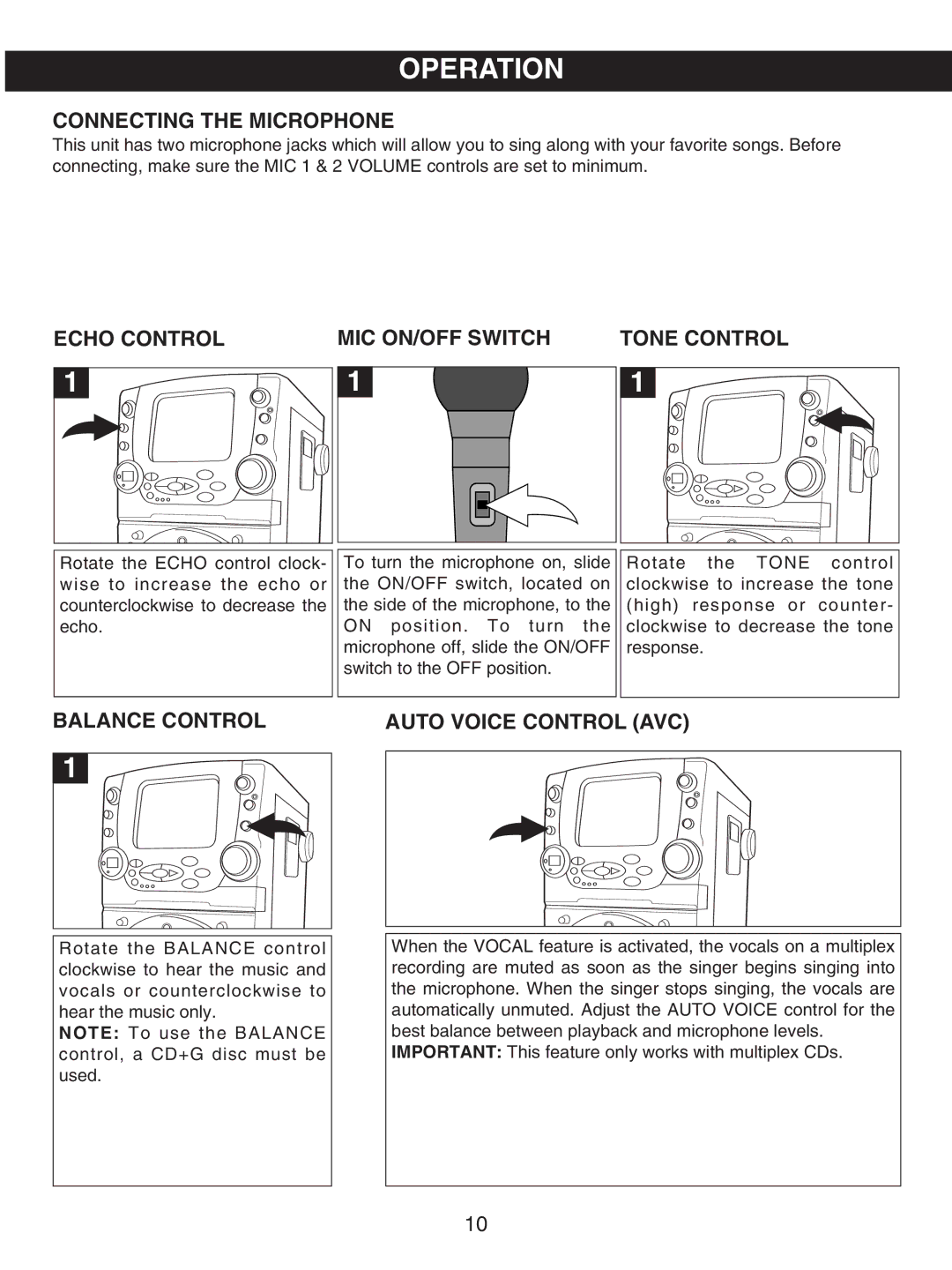 Memorex MKS8730 manual Operation, Connecting the Microphone, Echo Control MIC ON/OFF Switch, Balance Control 