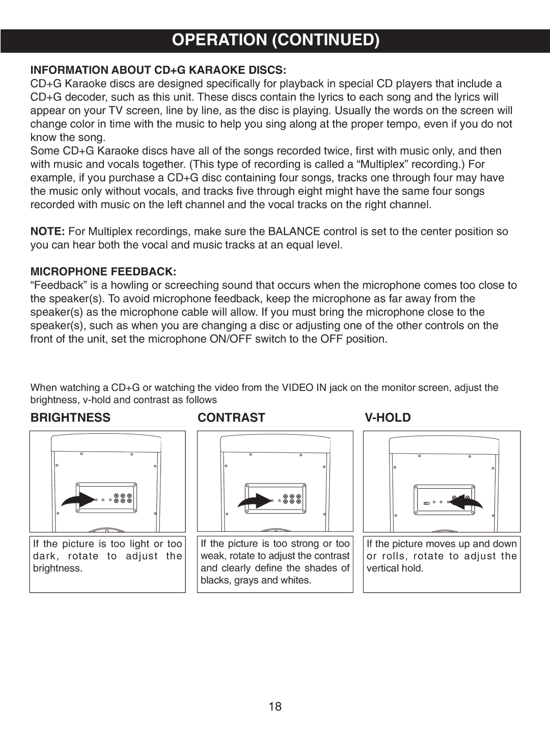 Memorex MKS8730 manual Brightness Contrast Hold, Information about CD+G Karaoke Discs 