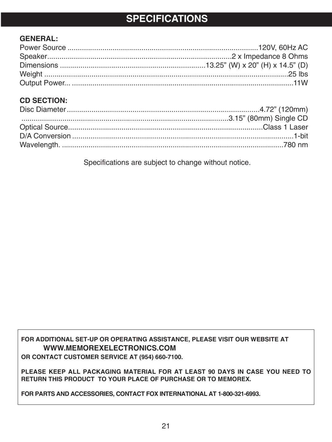 Memorex MKS8730 manual Specifications, General, CD Section 