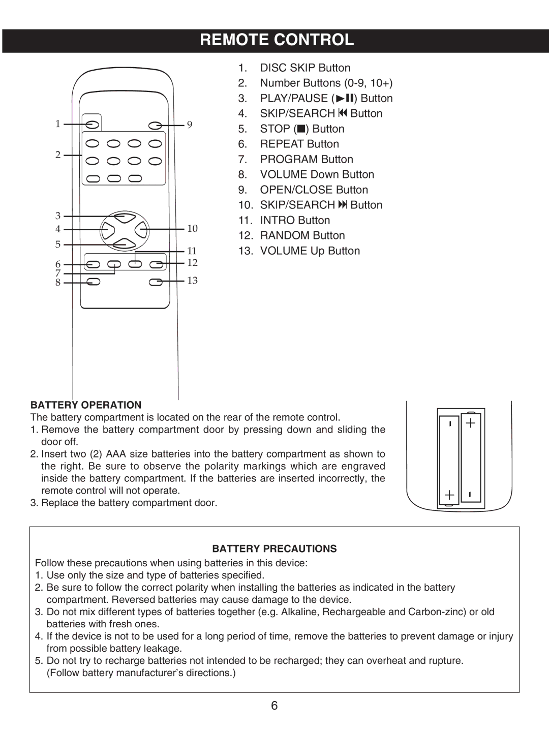 Memorex MKS8730 manual Remote Control, Battery Operation 