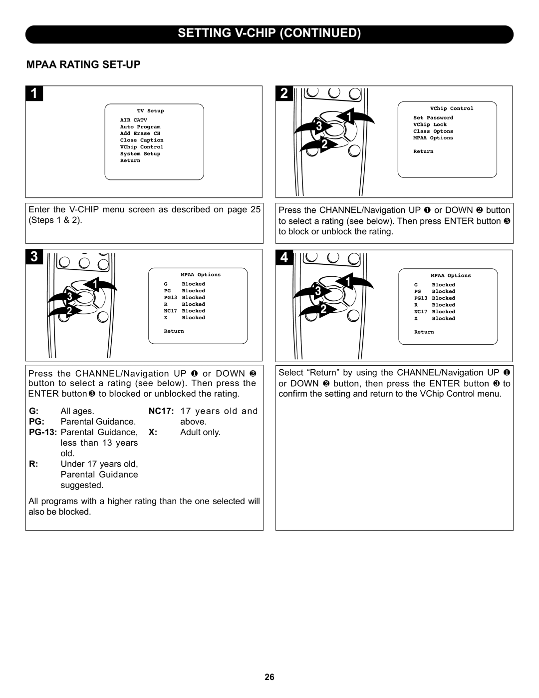 Memorex MLT1522 manual Mpaa Rating SET-UP, NC17 