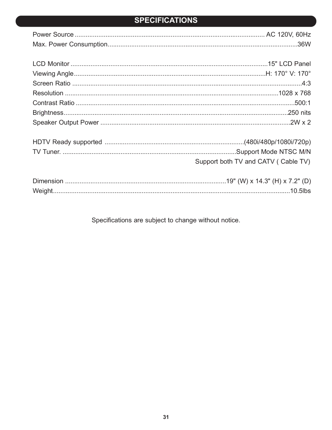 Memorex MLT1522 manual Specifications 