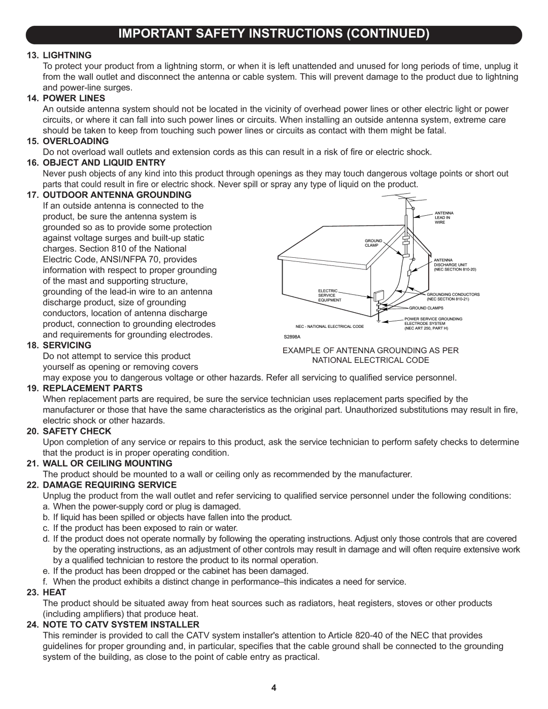 Memorex MLT1522 manual Lightning, Power Lines, Overloading, Object and Liquid Entry, Outdoor Antenna Grounding, Servicing 