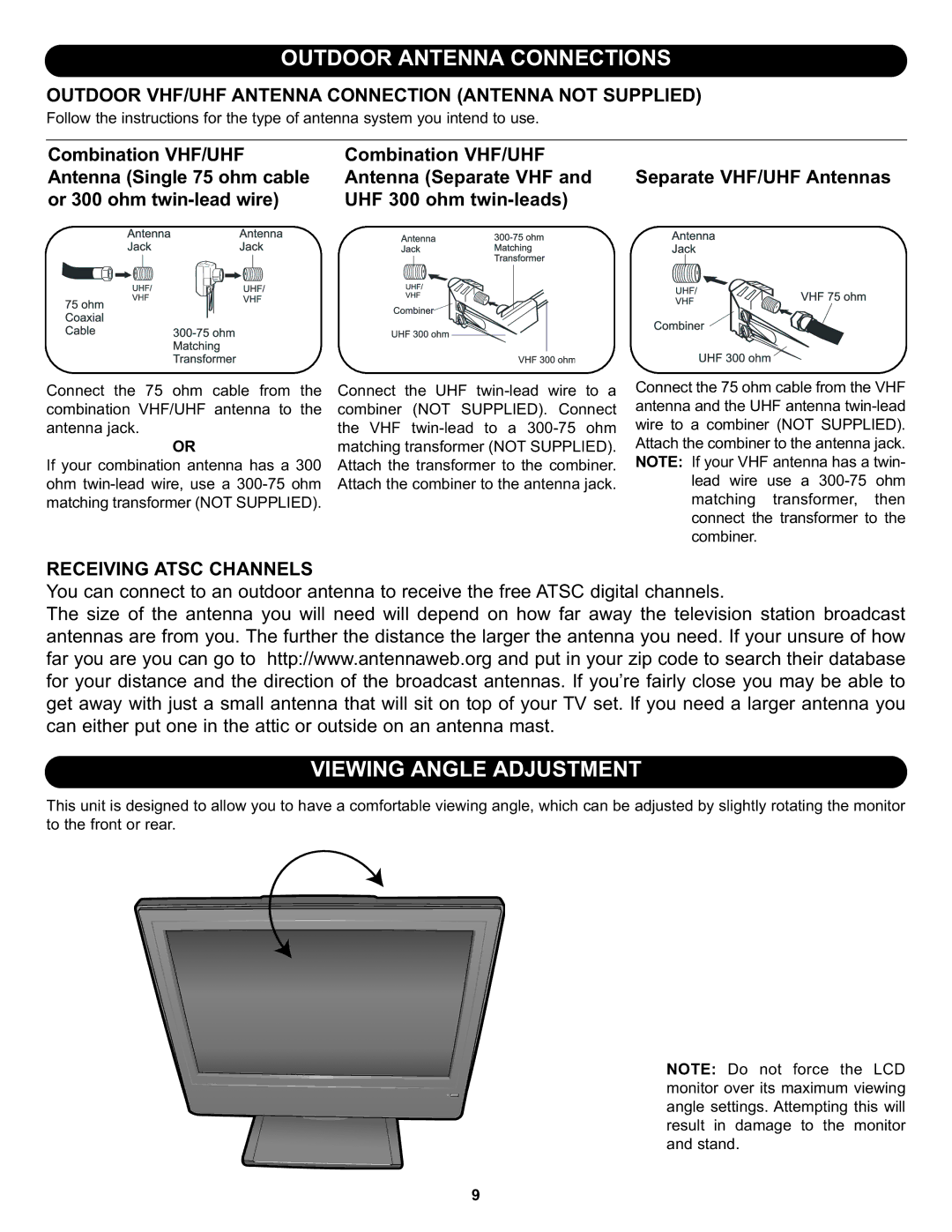 Memorex MLT1912 manual Outdoor VHF/UHF Antenna Connection Antenna not Supplied, Receiving Atsc Channels 