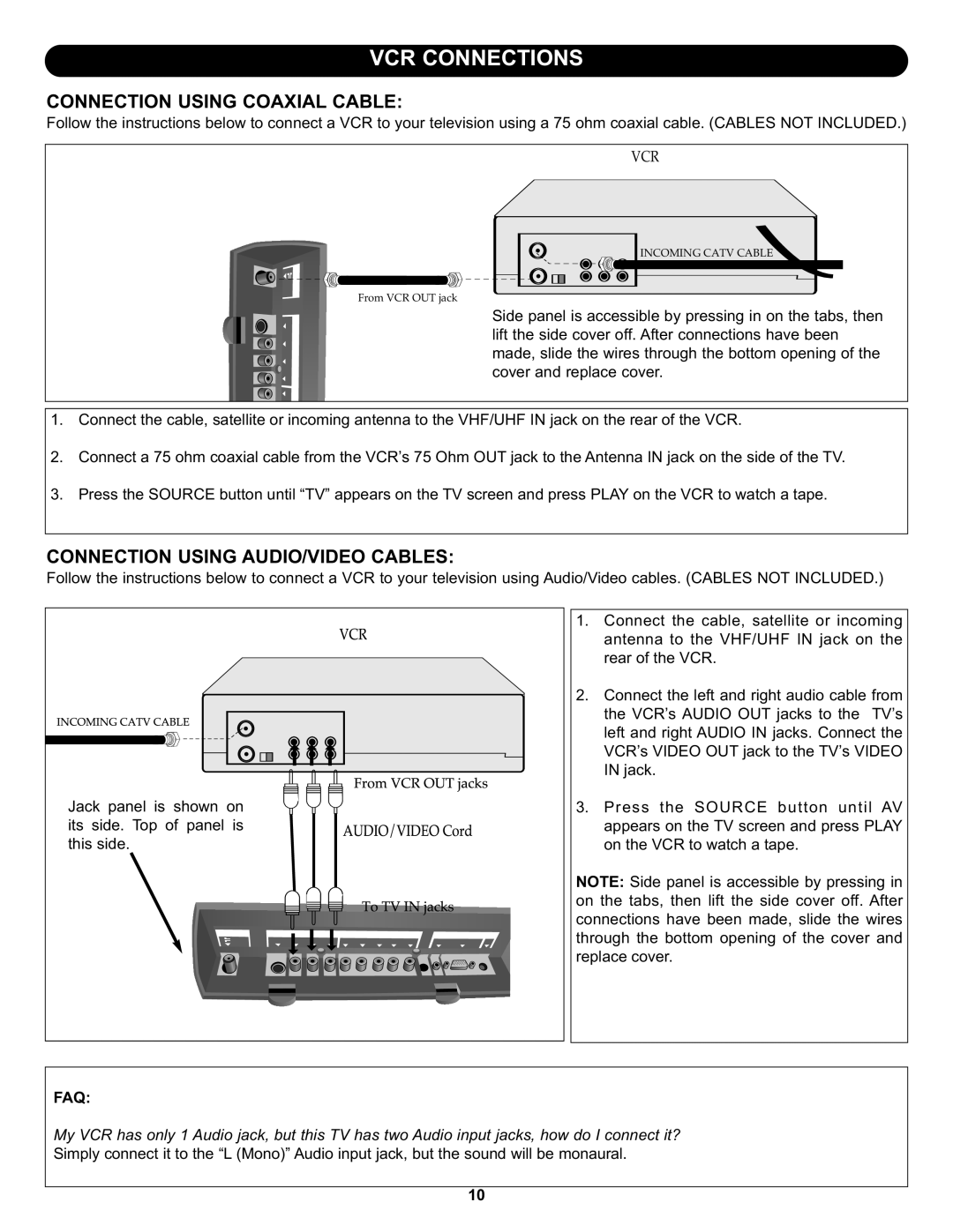 Memorex MLT1912 manual Connection Using Coaxial Cable, Connection Using AUDIO/VIDEO Cables, Faq 