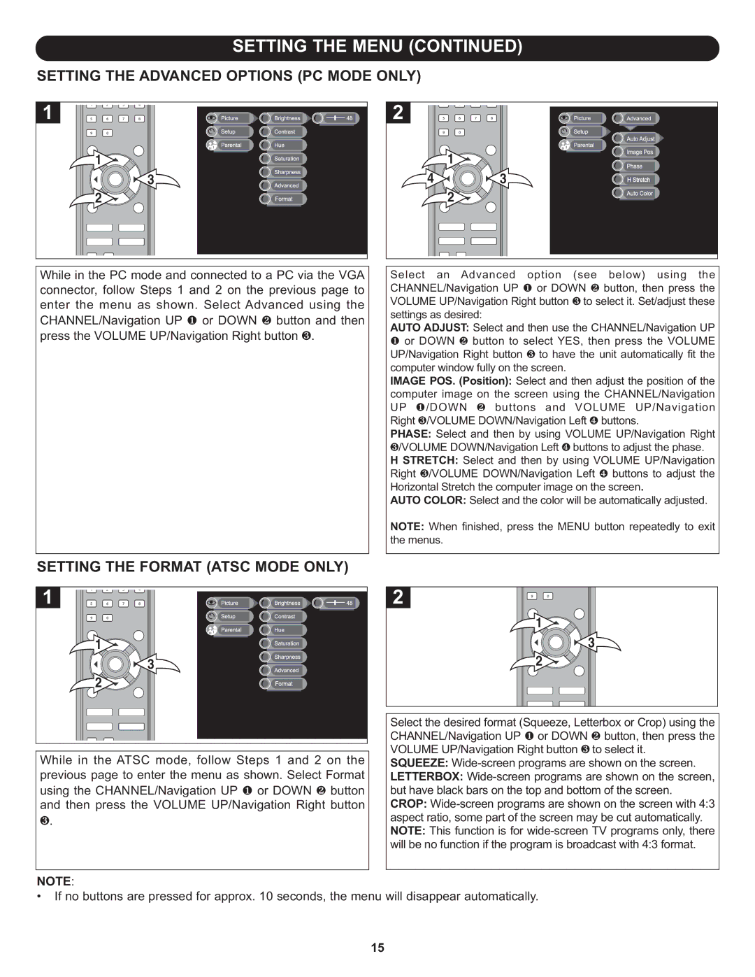 Memorex MLT1912 manual Setting the Advanced Options PC Mode only, Setting the Format Atsc Mode only 