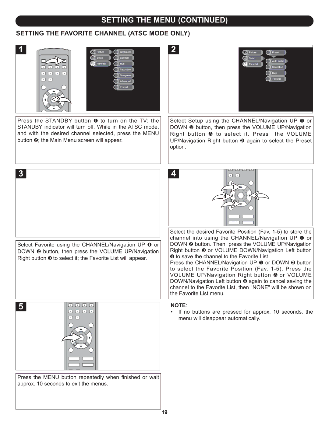 Memorex MLT1912 manual Setting the Favorite Channel Atsc Mode only 