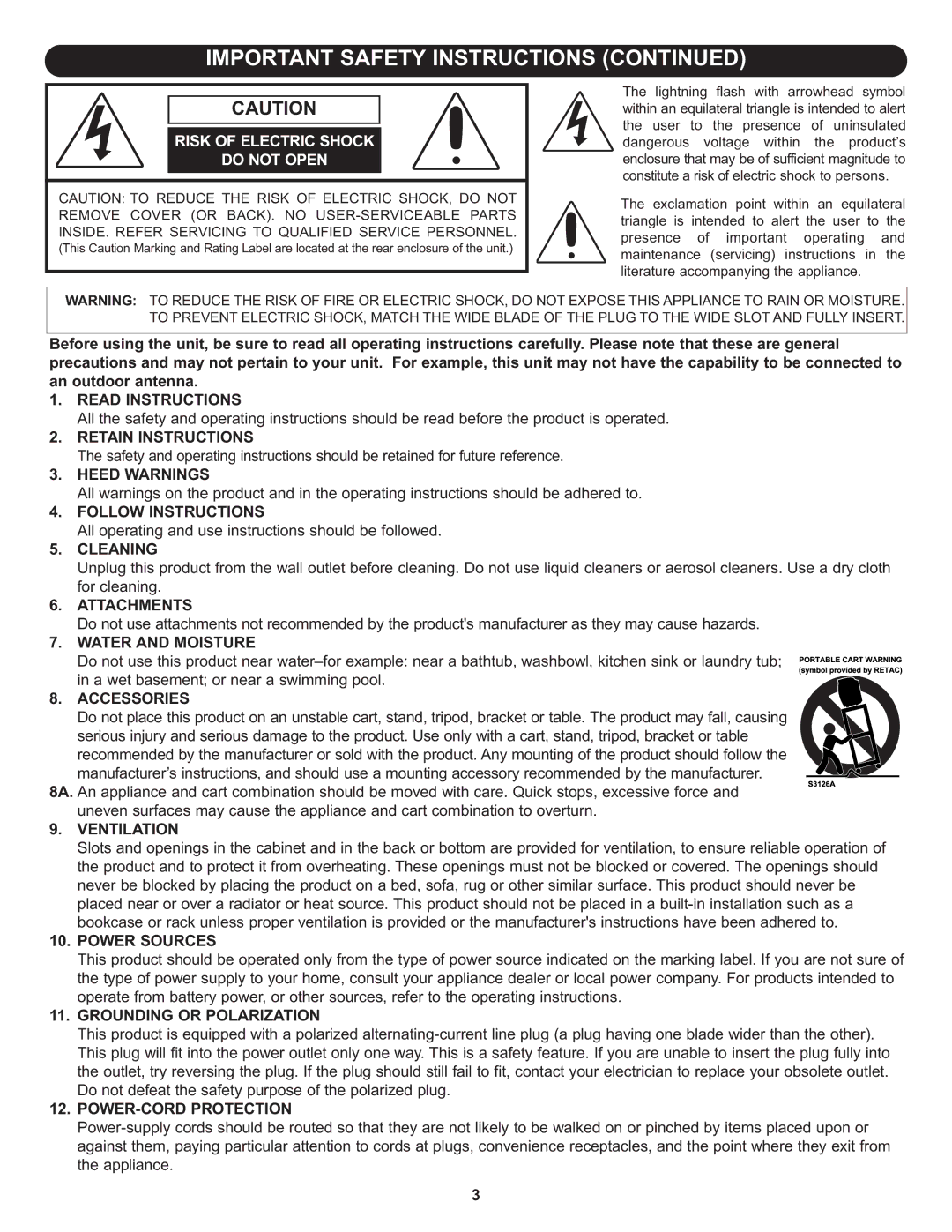 Memorex MLT1912 manual Read Instructions, Retain Instructions, Heed Warnings, Follow Instructions, Cleaning, Attachments 