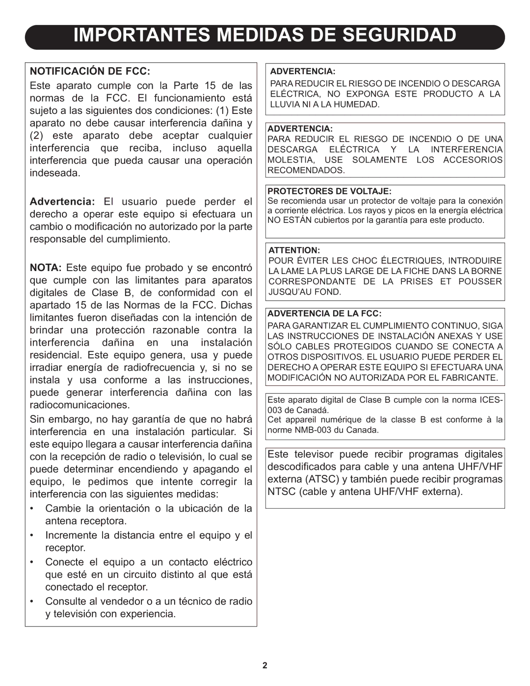 Memorex MLT1912 manual Notificación DE FCC, Protectores DE Voltaje, Advertencia DE LA FCC 