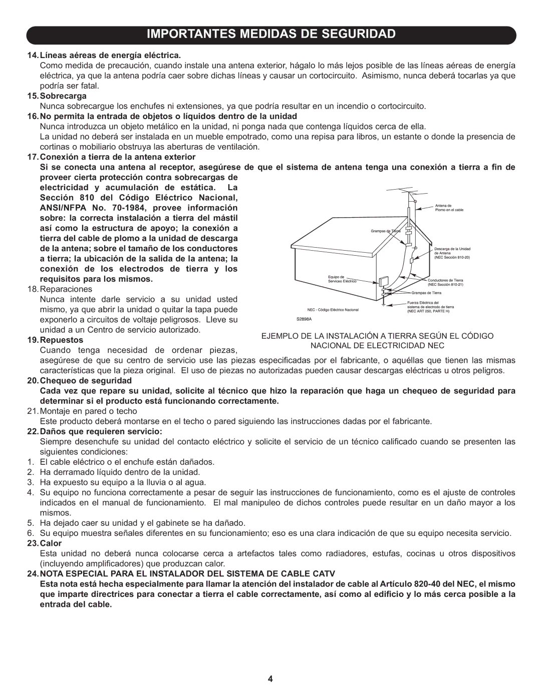 Memorex MLT1912 manual 14.Líneas aéreas de energía eléctrica, Nota Especial Para EL Instalador DEL Sistema DE Cable Catv 