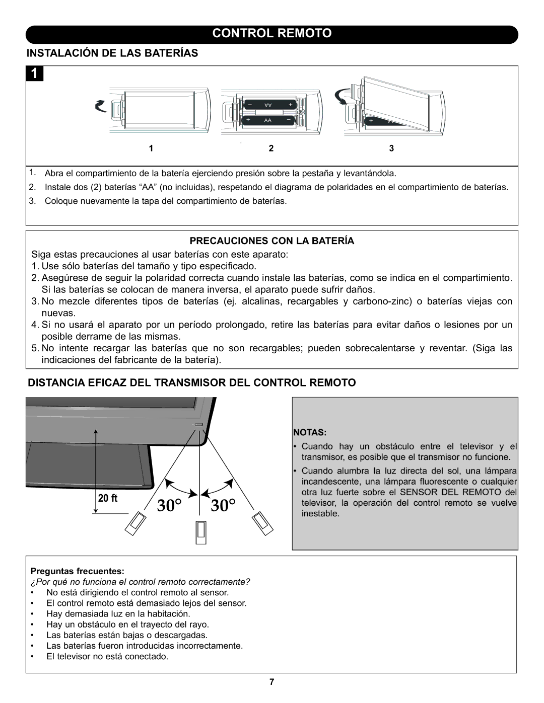 Memorex MLT1912 manual Instalación DE LAS Baterías, Distancia Eficaz DEL Transmisor DEL Control Remoto, Notas 