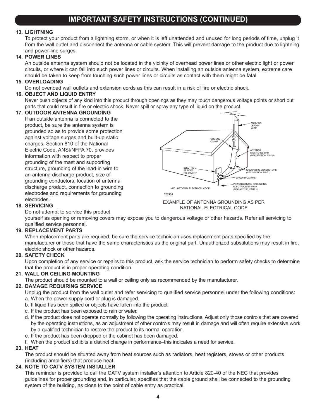 Memorex MLT1912 manual Lightning, Power Lines, Overloading, Object and Liquid Entry, Outdoor Antenna Grounding, Servicing 