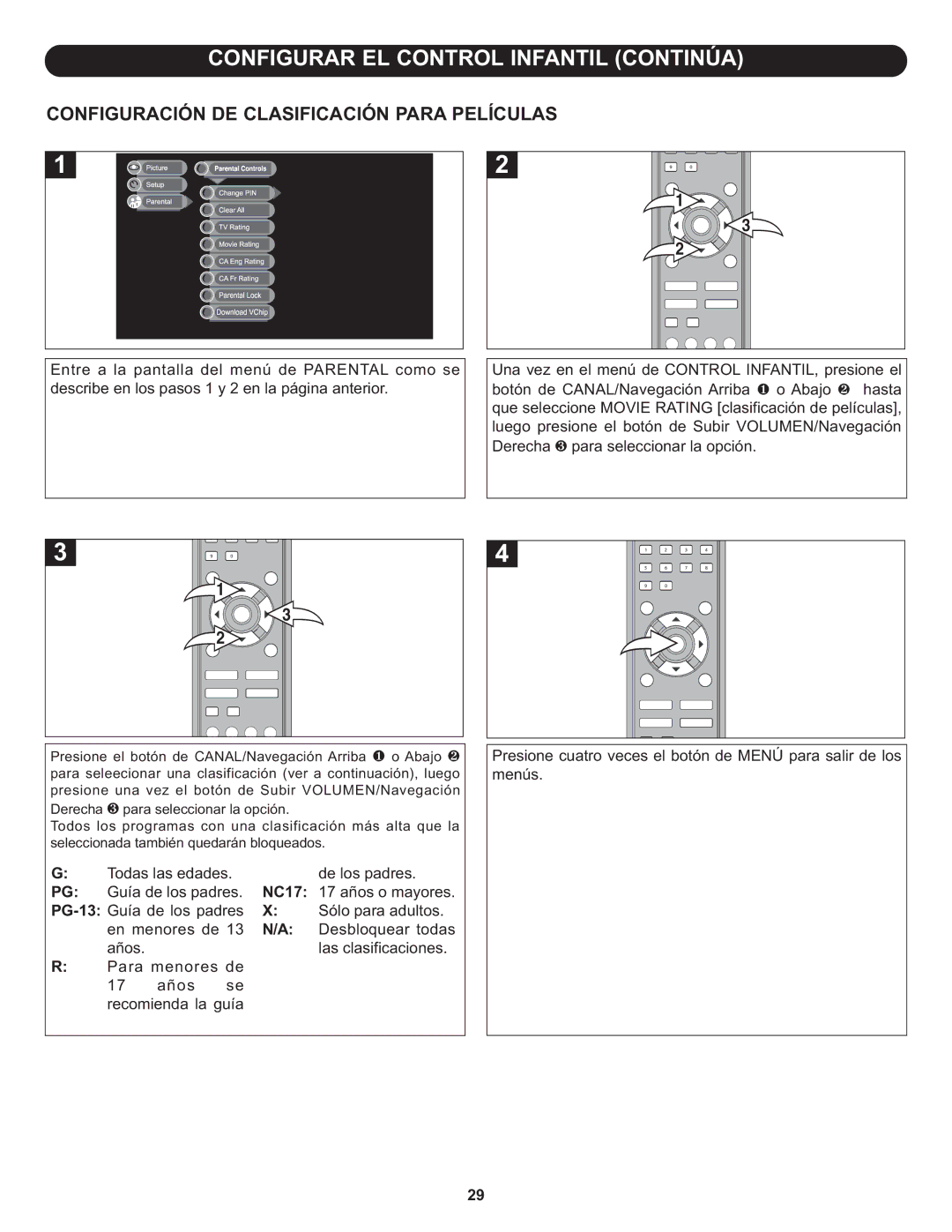 Memorex MLT1912 manual Configuración DE Clasificación Para Películas 