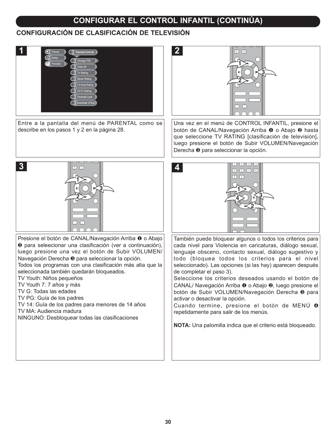 Memorex MLT1912 manual Configuración DE Clasificación DE Televisión 