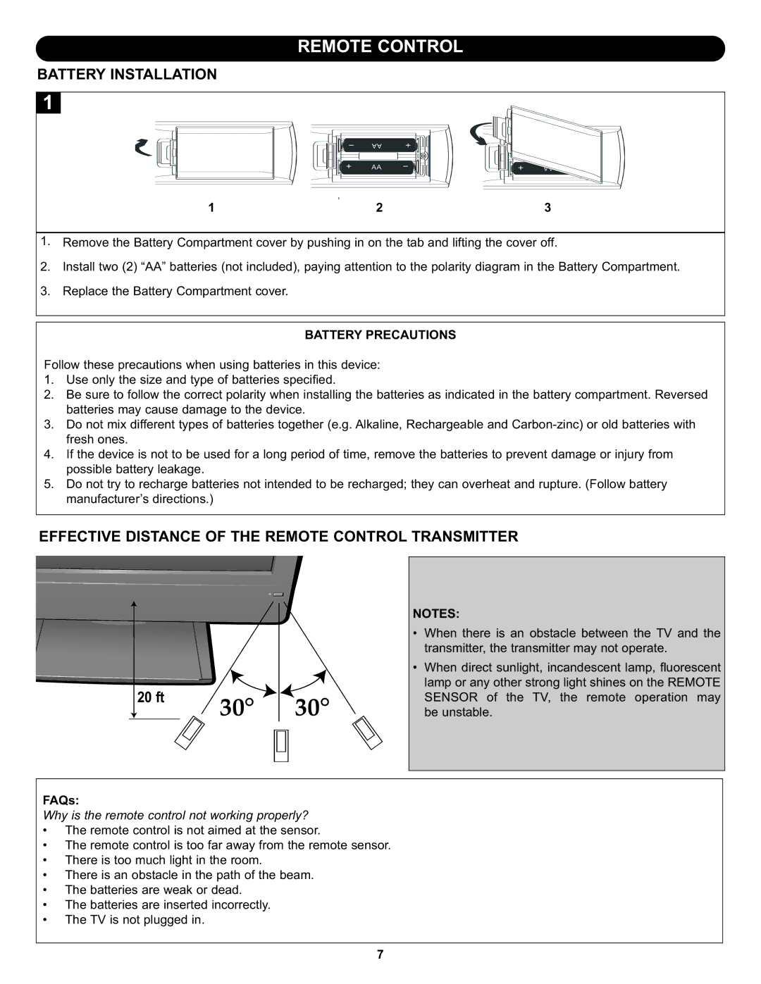 Memorex MLT1912 manual Battery Installation, Effective Distance of the Remote Control Transmitter, Battery Precautions 