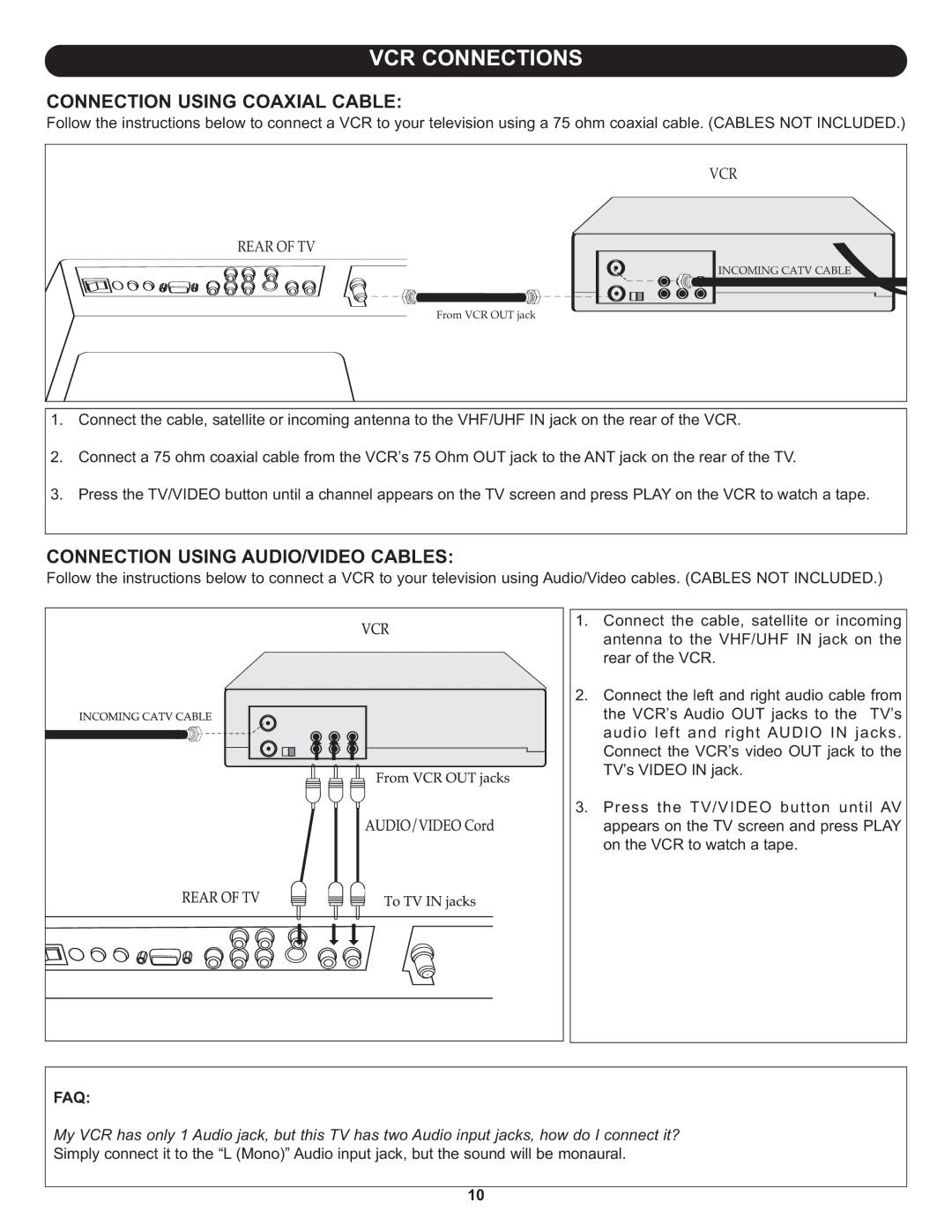 Memorex MLT2022 manual VCR Connections, Connection Using Coaxial Cable, Connection Using AUDIO/VIDEO Cables, Faq 