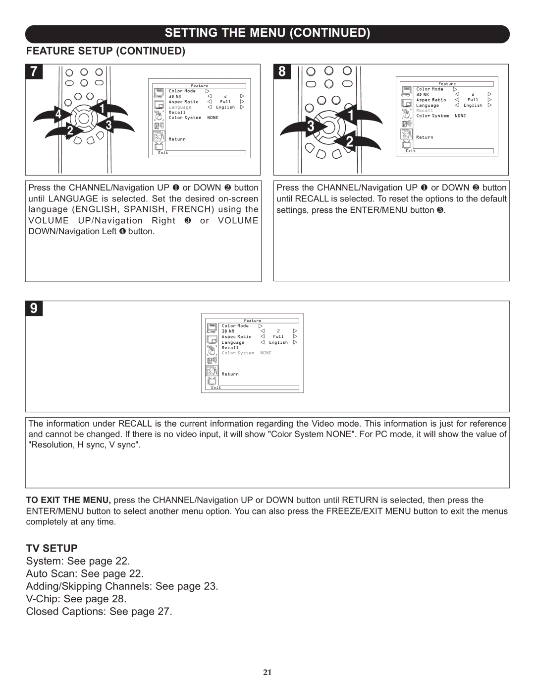 Memorex MLT2022 manual Setting the Menu Feature Setup, TV Setup 