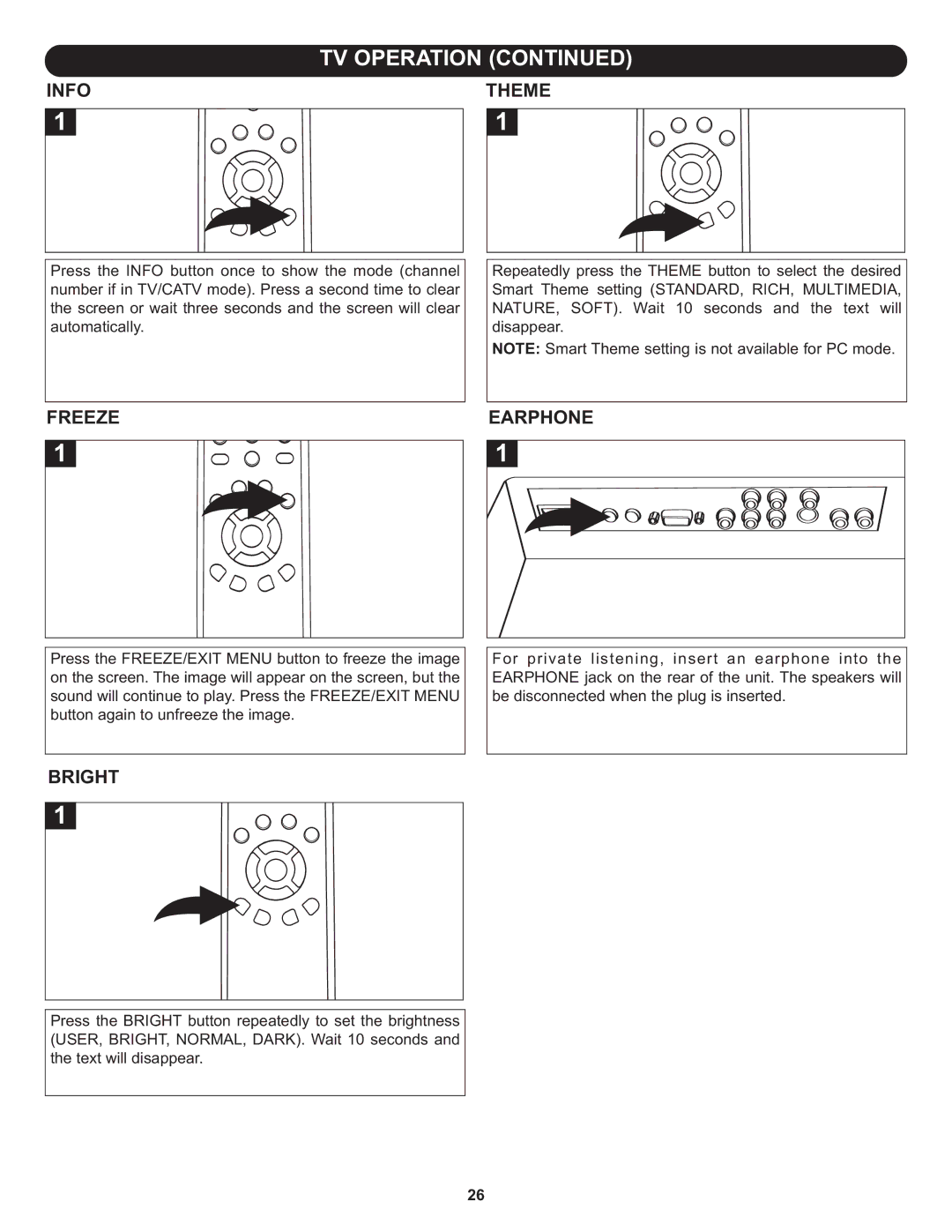 Memorex MLT2022 manual Info, Theme, Freeze, Bright, Earphone 