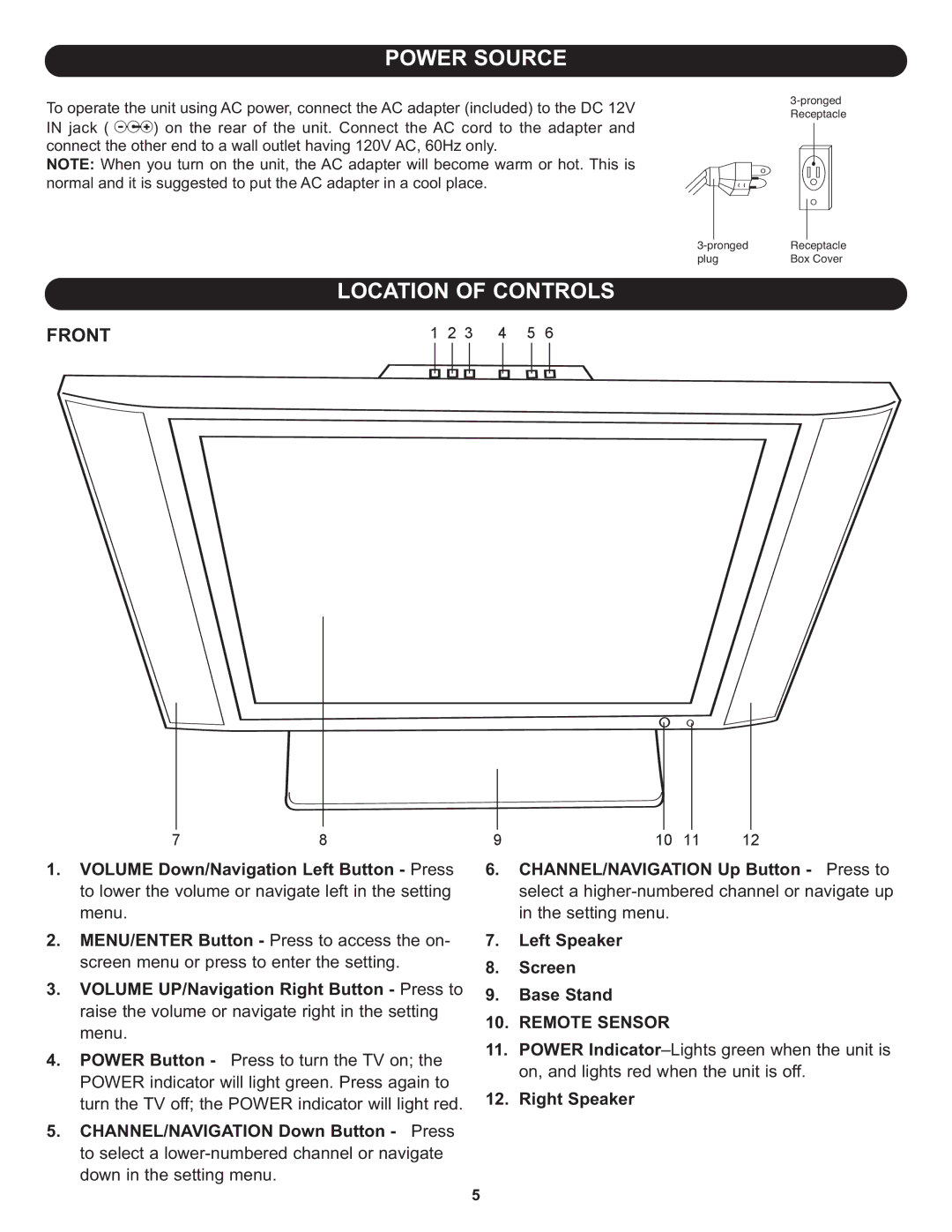 Memorex MLT2022 manual Power Source, Location of Controls, Front 