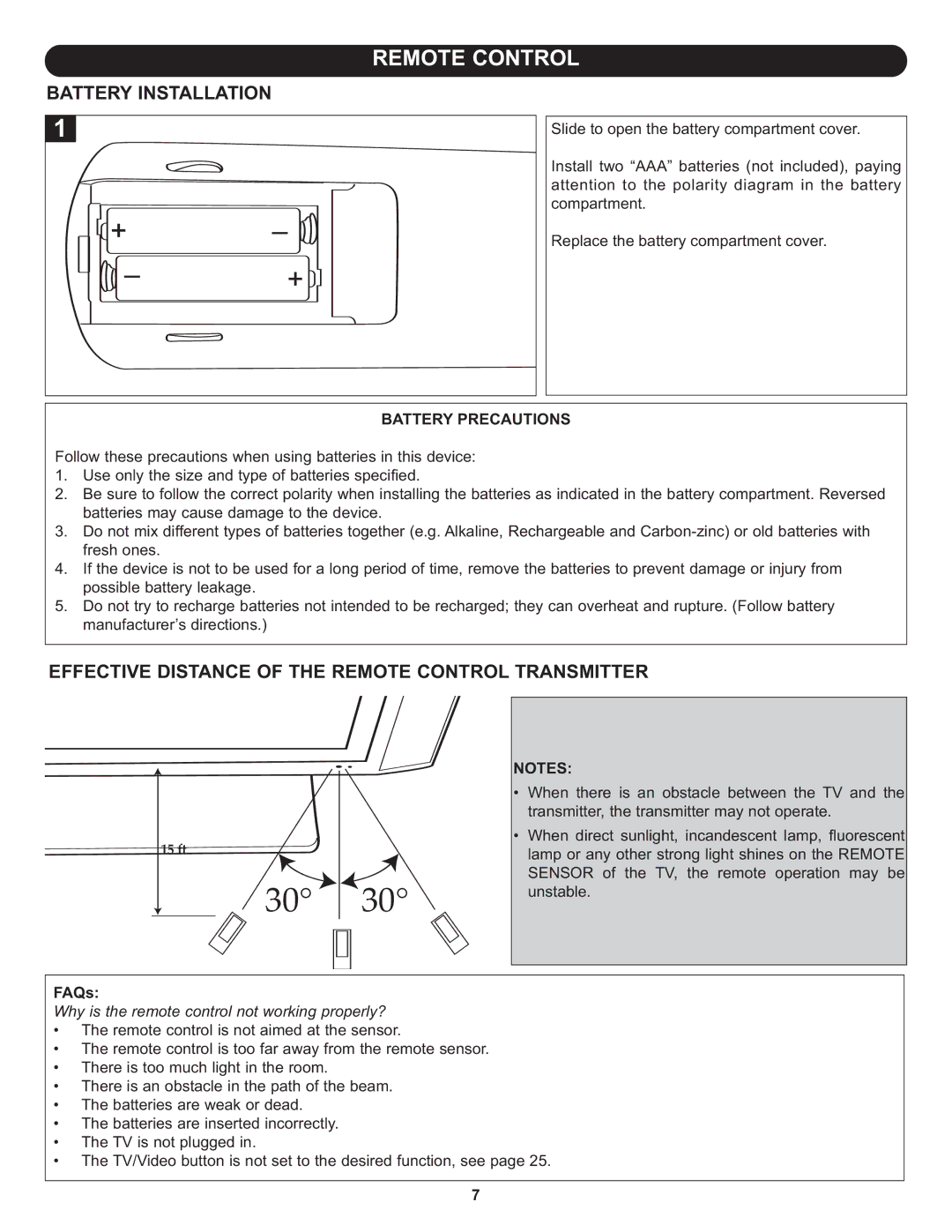 Memorex MLT2022 manual Battery Installation, Effective Distance of the Remote Control Transmitter, Battery Precautions 