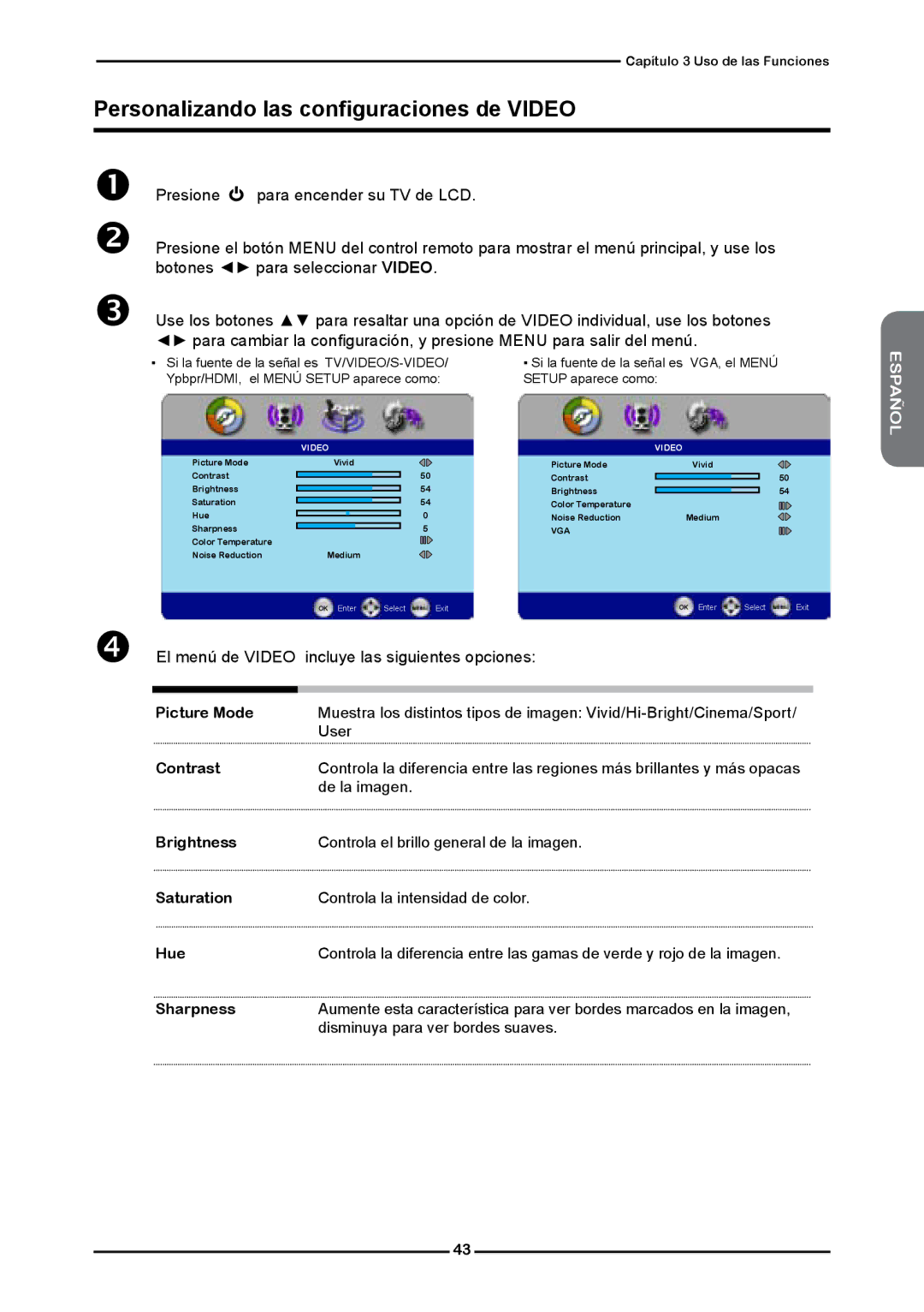 Memorex MLTD2622 manual Personalizando las configuraciones de Video,  El menú de Video incluye las siguientes opciones 