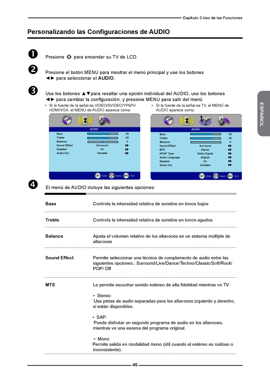 Memorex MLTD2622 Personalizando las Configuraciones de Audio,  El menú de Audio incluye las siguientes opciones, Mts 