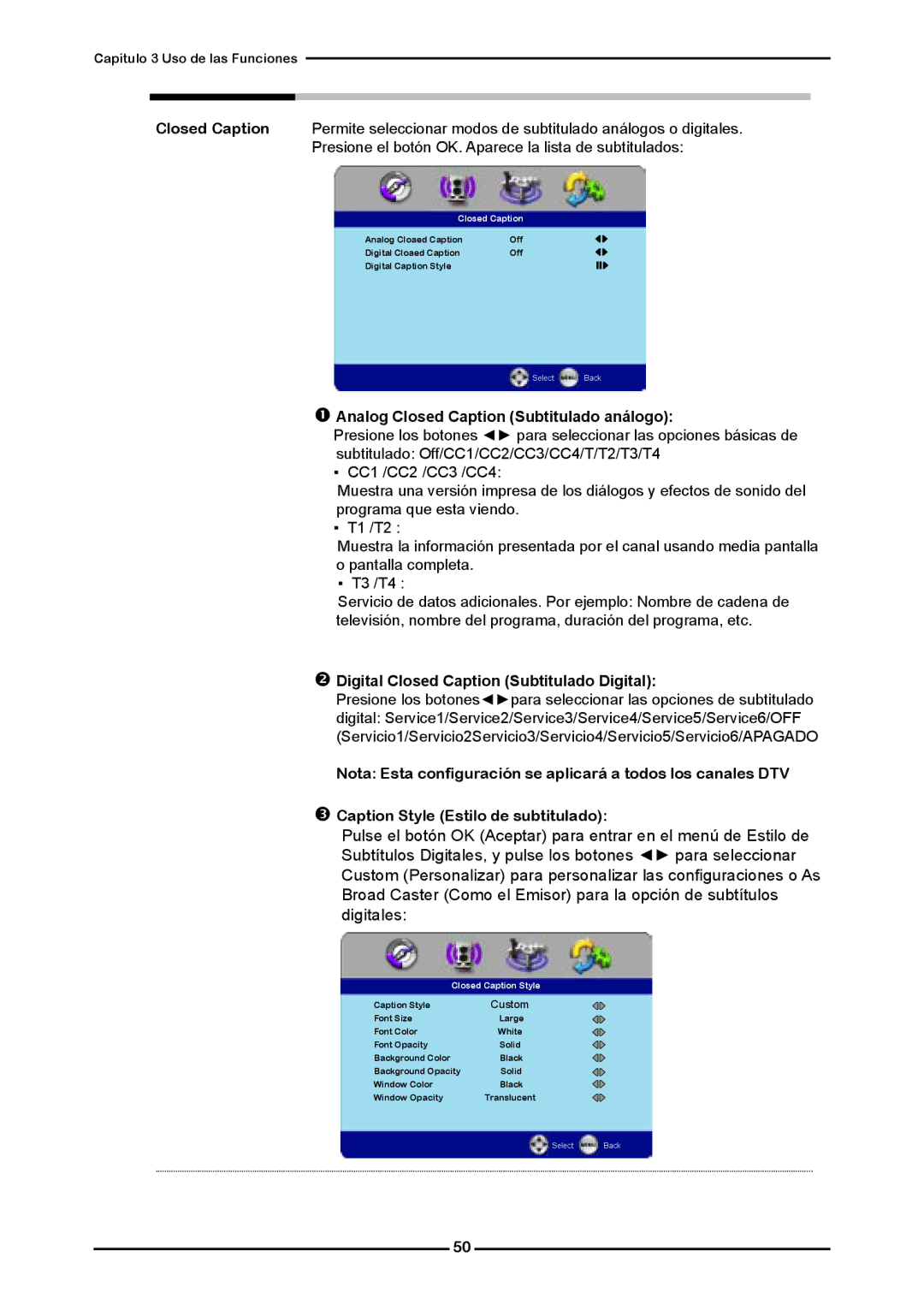 Memorex MLTD2622 manual  Analog Closed Caption Subtitulado análogo,  Digital Closed Caption Subtitulado Digital 