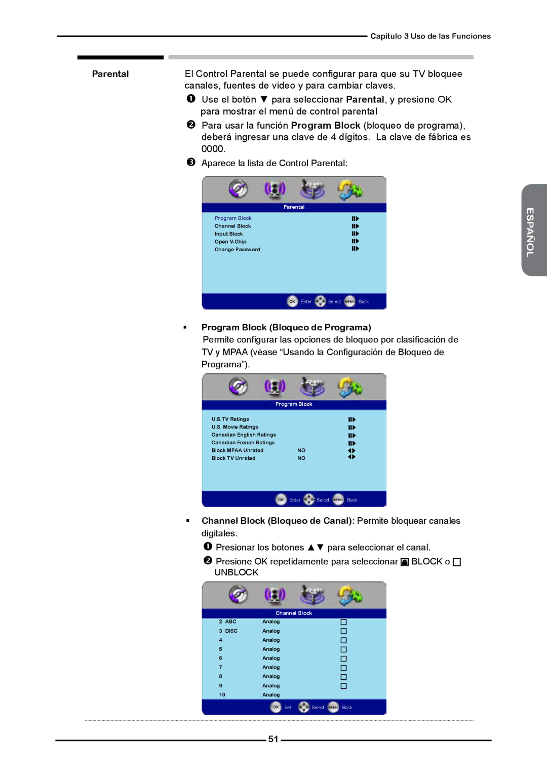 Memorex MLTD2622 Canales, fuentes de video y para cambiar claves,  Use el botón para seleccionar Parental, y presione OK 