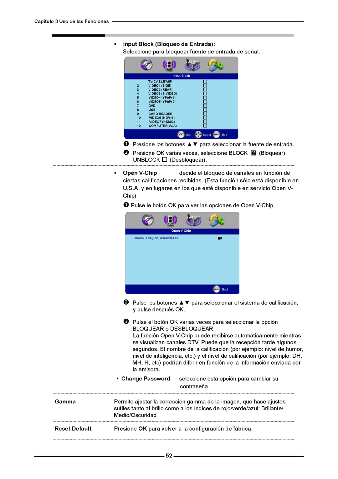Memorex MLTD2622 manual  Input Block Bloqueo de Entrada,  Open V-Chip Decide el bloqueo de canales en función de, Gamma 